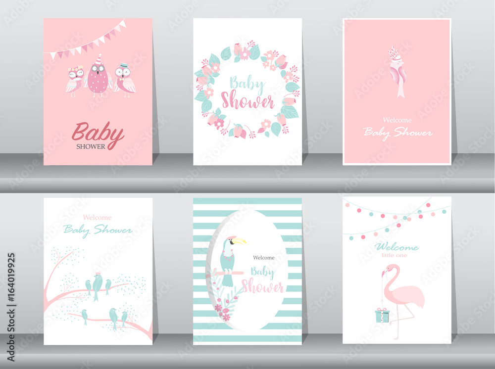 Set of baby shower invitations cards,poster,greeting,template,bird,owl,flamingo,Vector illustrations