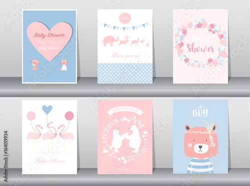 Set of baby shower invitations cards,poster,greeting,template,animal,bear,flamingo,Vector illustrations 