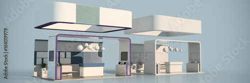 3d rendering of two exhibition one with colors and one just white for branding