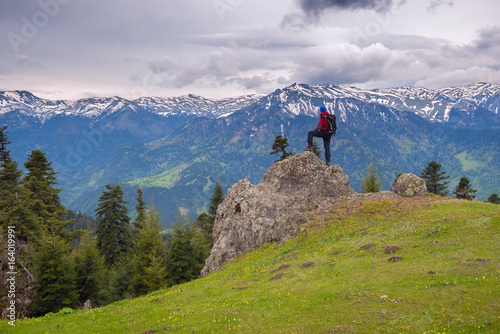 Adventurer stands on the big stone on edge of alpine meadow