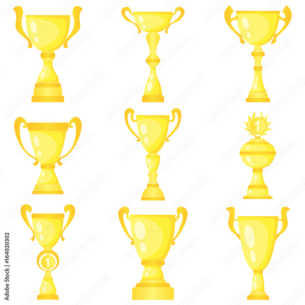 Set of nine vector trophy champion cups in gold. Championship prizes for first place. Victory symbols isolated on white background.
Set of nine vector trophy champion cups in gold. Championship prizes for first place. Victory symbols isolated on white background.