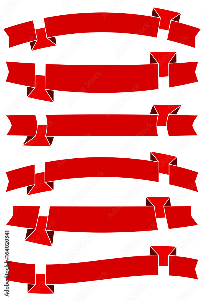 Set of six red cartoon ribbons for web design. Great design element isolated on white background. Vector illustration.
