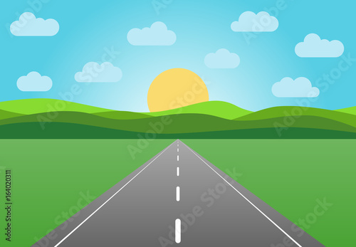 Vector asphalt road leaving into the horizon. Summer landscape with highway at sunrise with green field and clouds on blue sky. 