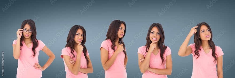 Woman thinking collage against blue background Woman thinking collage against blue background