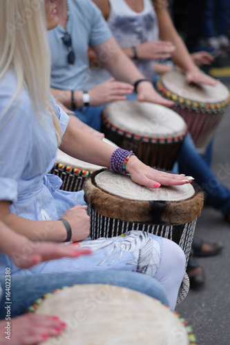 Speech of a group of girls playing on ethnic drums. Baltic Drum Summit 2017. Riga, Latvia.