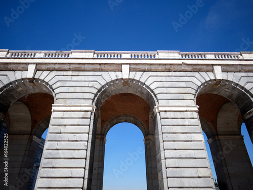 Close-up corridor archway at Palacio Real de Madrid or Royal Palace of Madrid in Spain.