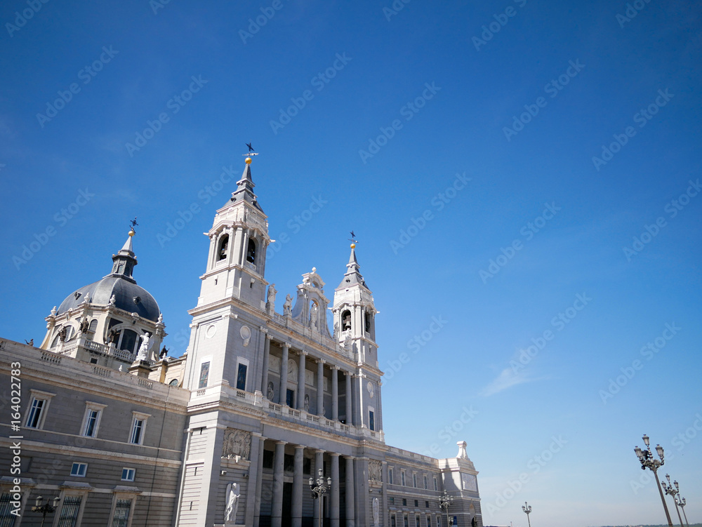 Side view of Cathedral de la Almudena (Santa Maria la Real de la Almudena) in Madrid, Spain.