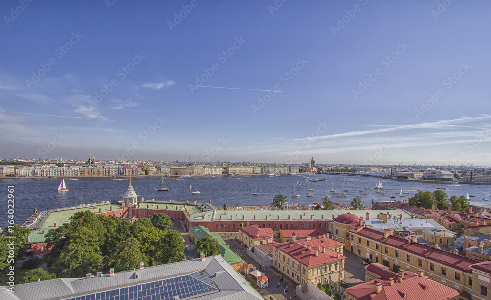 Classic panorama of Saint-Petersburg river scape at summer, St. Isaac's Cathedral , the Palace Bridge, Winter palace, Basil Island. Aerial view from Peter and Paul fortress. Russia. Travel background