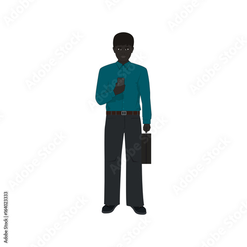 African American Man with a Phone and a Briefcase, Businessman in a Green Shirt and Dark Gray Pants, Vector Illustration