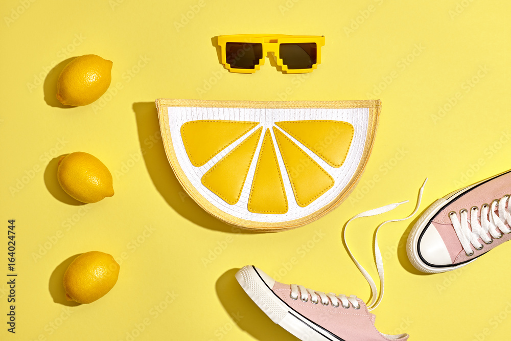 Fashion Summer Hipster Accessories Set. Lemon Citrus fruit, Trendy  Sneakers, Clutch, fashion Sunglasses on Yellow. Hot Summer Sunny Vibes.  Creative Bright Style. Vanilla Pastel Color. Minimal, Art Stock-Foto |  Adobe Stock