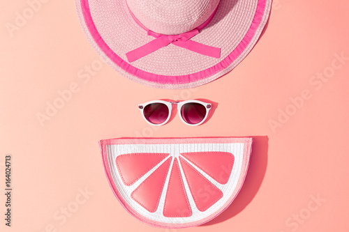 Fashion Sunny Summer Woman Set. Trendy Accessories. Glamor Grapefruit Citrus Clutch, fashion Sunglasses on Yellow. Hot Beach summer Vibes. Creative Bright Style. Vanilla Pastel Color. Minimal, Art