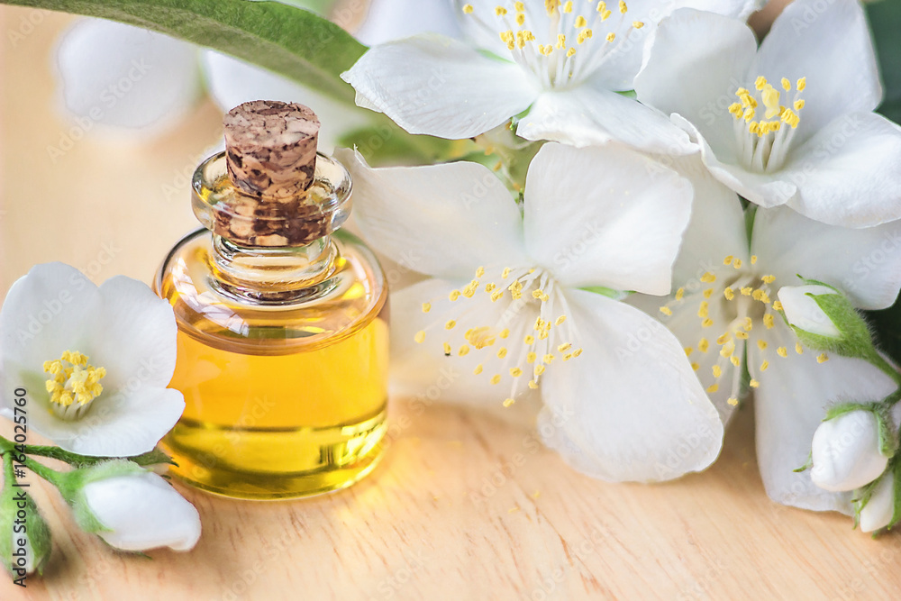 Essential oil in glass bottle with fresh jasmine flowers, beauty treatment.  Spa concept Selective focus. Fragrant oil of jasmine flowers macro wooden  table horizontal. Herbs have medicinal properties. Stock Photo | Adobe