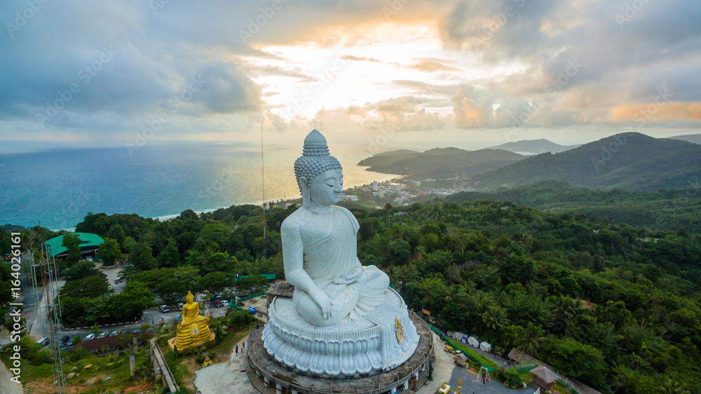 aerial photography Phuket’s big Buddha in twilight.