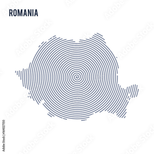 Vector abstract hatched map of Romania with spiral lines isolated on a white background.