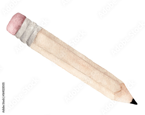 Hand drawn Pink pencil for writing and eraser isolated on white background - watercolor illustration for greeting card, poster, or print on clothes.