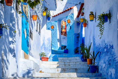 Colourful flower pots in an alley in the Blue City Chefchaouen, Morocco © Deyan