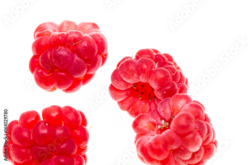 Juicy red raspberries on white background