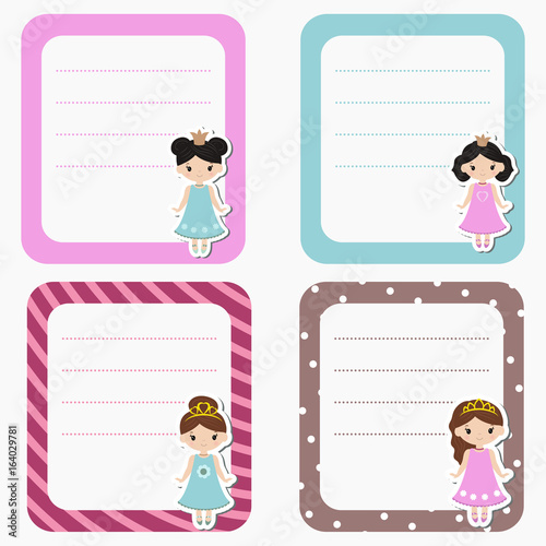 Cute cards, notes, stickers, labels, tags with princess theme design.