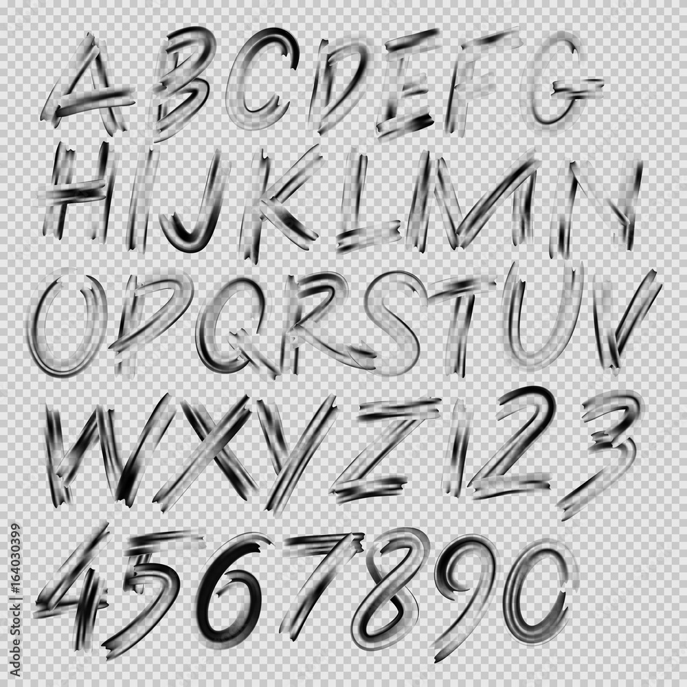 Handwritten brush font, letters and numbers, vector illustration.