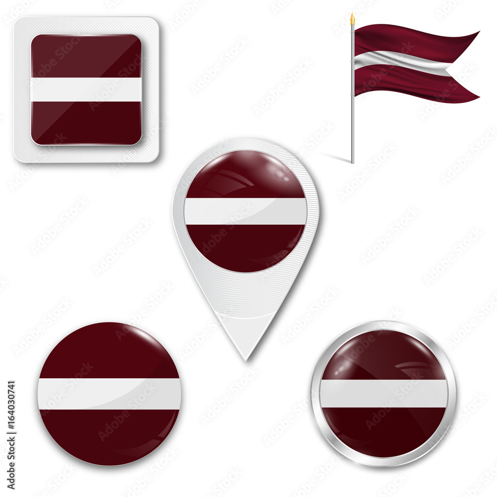 Set of icons of the national flag of Latvia in different designs on a white background. Realistic vector illustration. Button, pointer and checkbox. Set of icons of the national flag of Latvia in different designs on a white background. Realistic vector illustration. Button, pointer and checkbox.