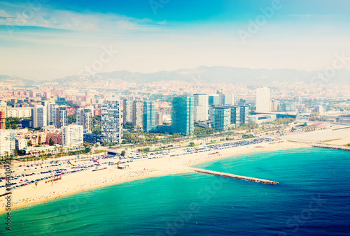 Aerial view of Barcelona from Mediterranean sea in summer