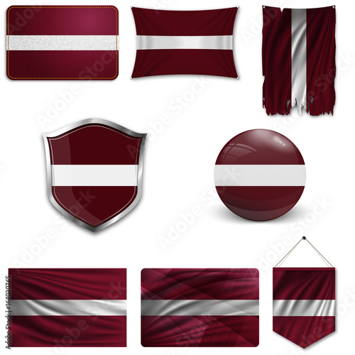 Set of the national flag of Latvia in different designs on a white background. Realistic vector illustration.