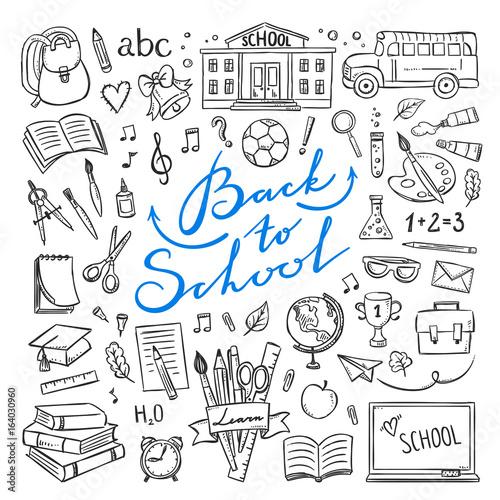 Back to school hand drawn icons. Vector illustrations for school life