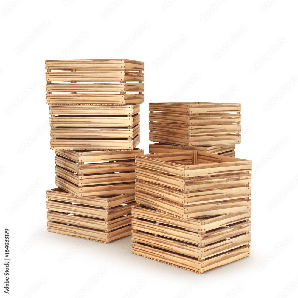 стек деревянные ящики, изолированные на белом фоне. 3D иллюстрация