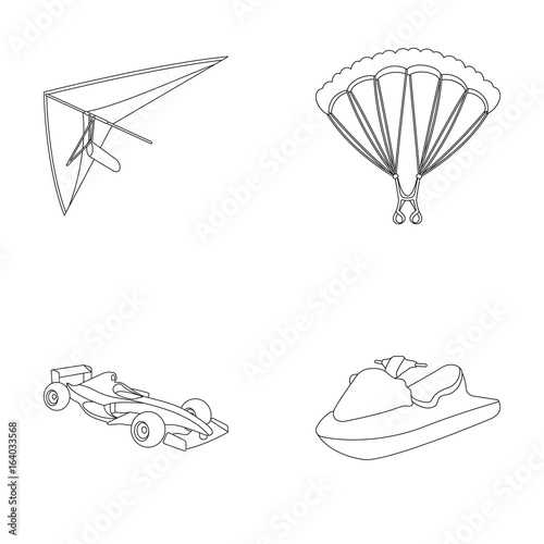 Hang glider, parachute, racing car, water scooter.Extreme sport set collection icons in outline style vector symbol stock illustration web.
