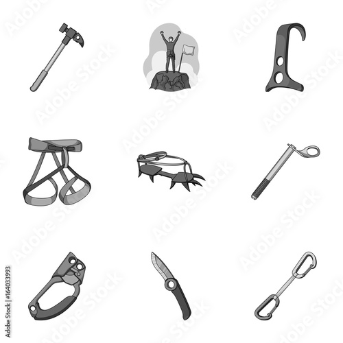 Ice ax, conquered top, mountains in the clouds and other equipment for mountaineering.Mountaineering set collection icons in monochrome style vector symbol stock illustration web.