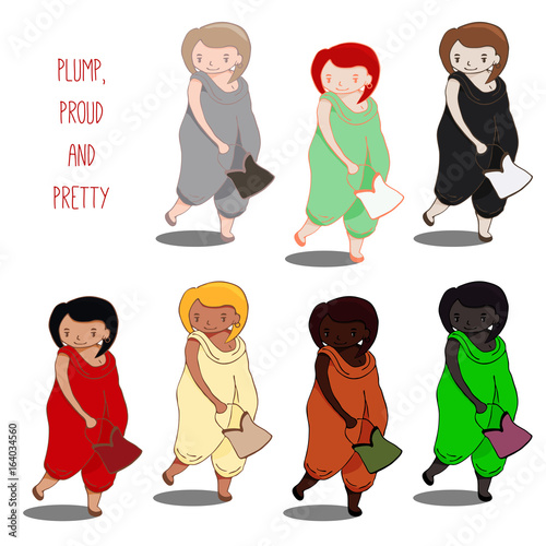 Set of hand drawn vectors of cute curvy girl in jumpsuit, holding handbag, walking, with different skin and hair colors,text Plump, proud and pretty.