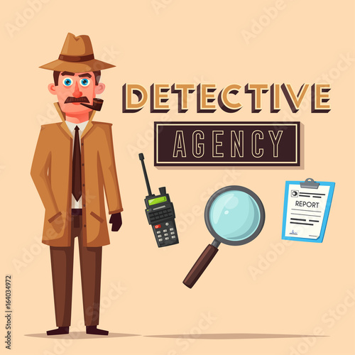 Funny detective character. Cartoon vector illustration