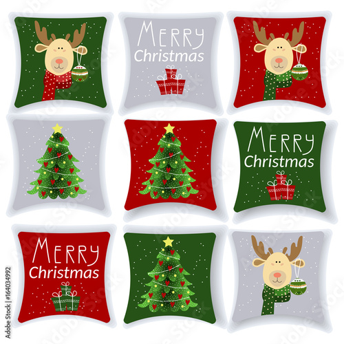 A set of pillows. Pillow with Christmas illustrations. Cartoon. Interior design. Vector illustration.