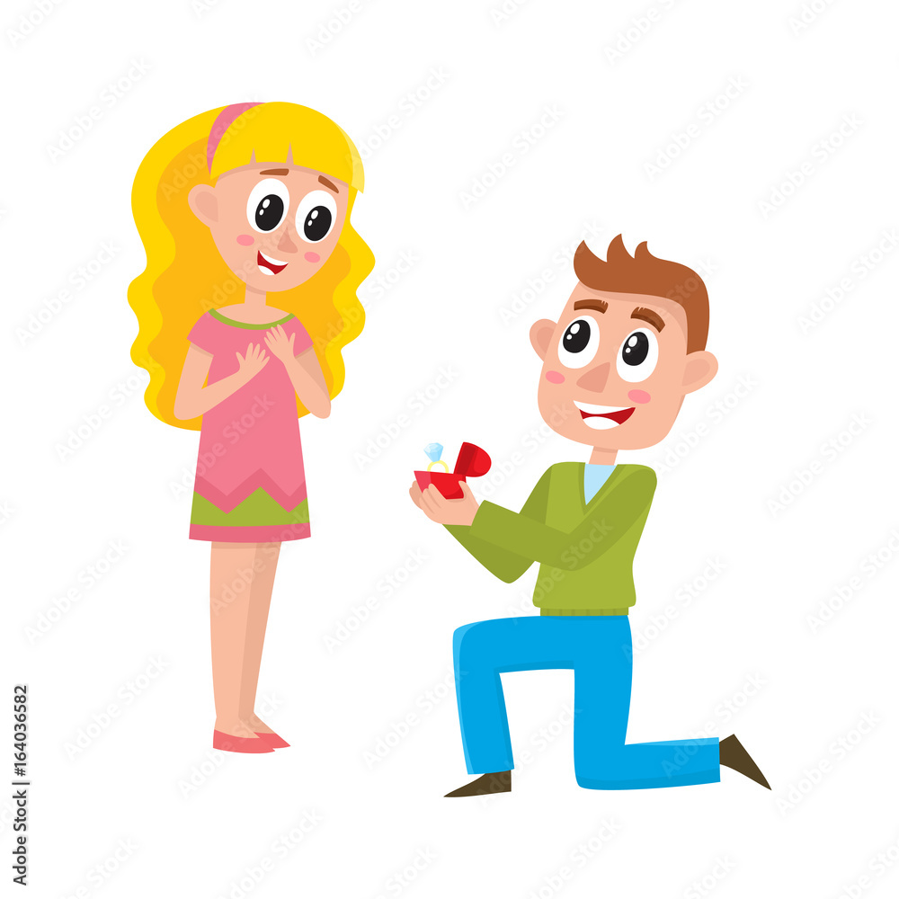 Loving couple, man proposing to beautiful woman girl standing on one knee, offering wedding ring, cartoon, comic style vector illustration isolated on white background. Loving couple, proposal Loving couple, man proposing to beautiful woman girl standing on one knee, offering wedding ring, cartoon, comic style vector illustration isolated on white background. Loving couple, proposal