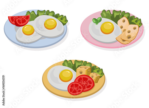 egg healthy breakfast. fresh tasty meal cheese, sausage, tomatoes vector