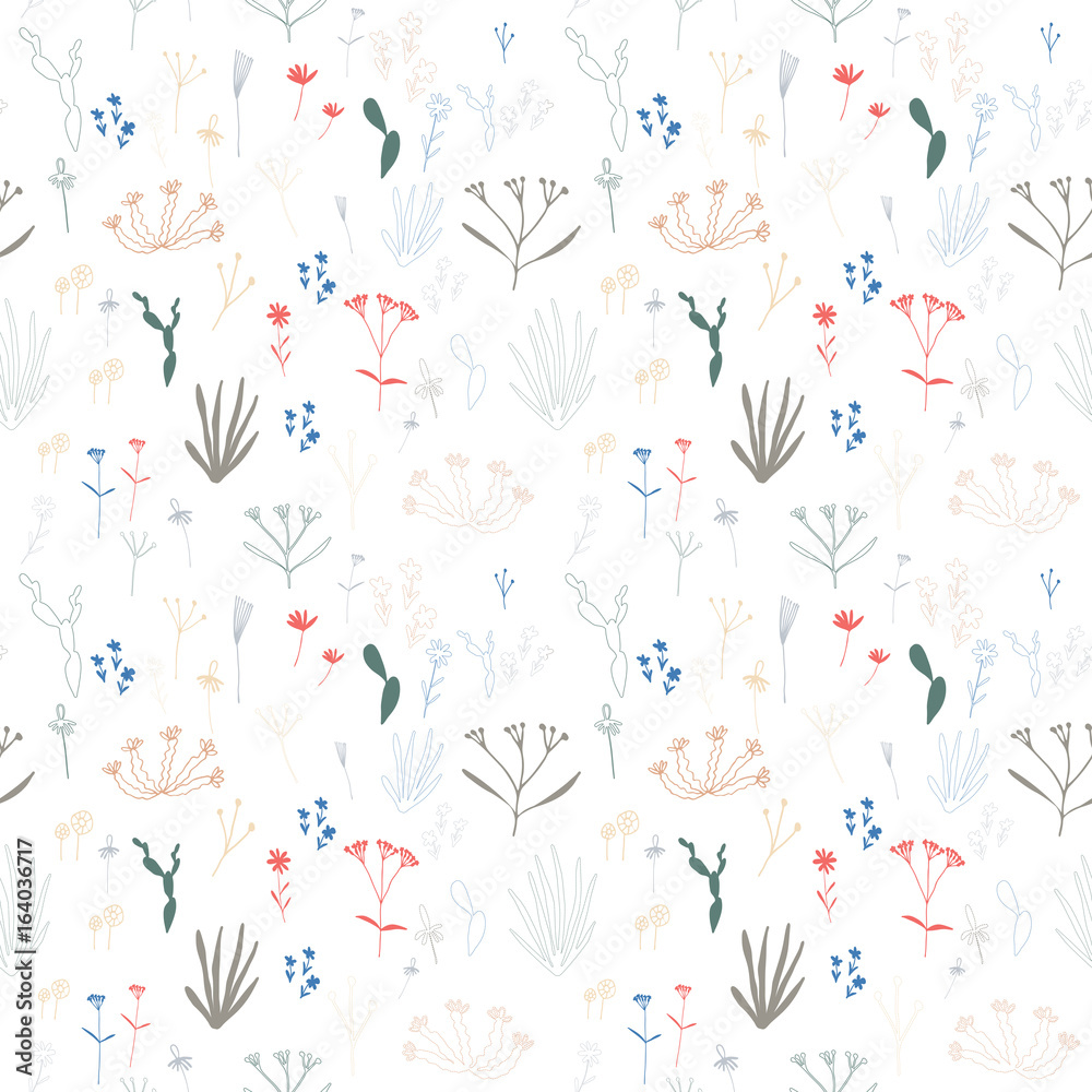 Small flowers and leaves floral vector seamless pattern.