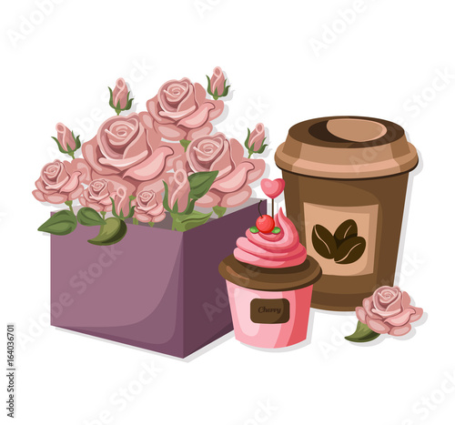 Rose flower bouquet and sweets. Save the date concept. Wedding design element...