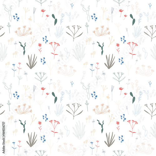 Small flowers and leaves floral vector seamless pattern.