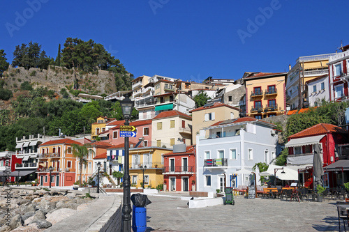 colorful old buildings street Parga Greece