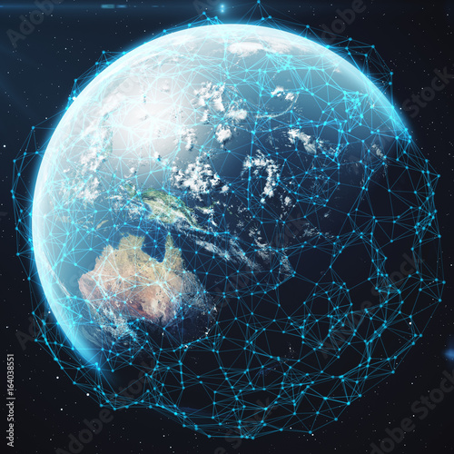 Fototapeta Naklejka Na Ścianę i Meble -  3D rendering Network and data exchange over planet earth in space. Connection lines Around Earth Globe. Global International Connectivity, Elements of this image furnished by NASA