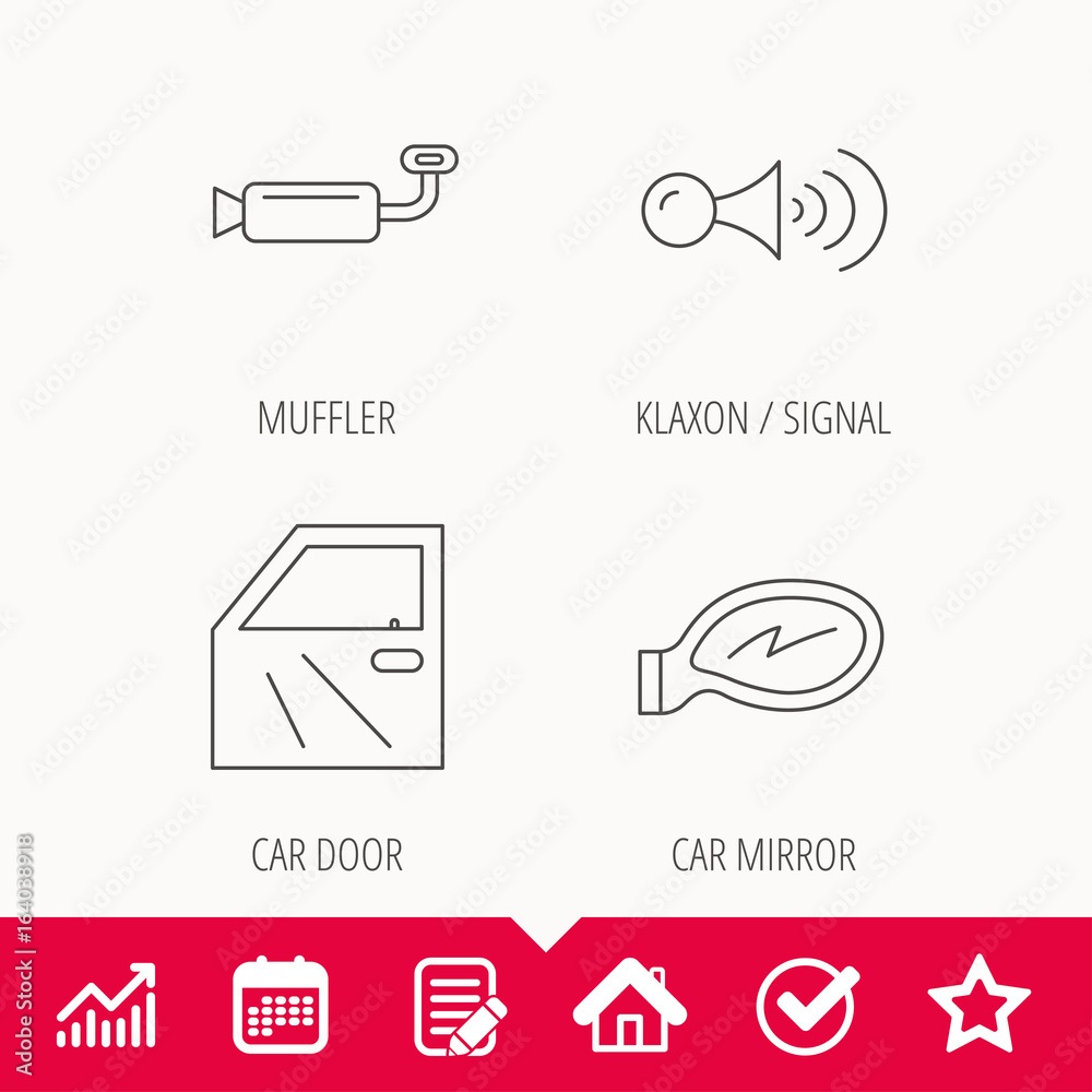 Car door, muffler and klaxon signal icons. Car mirror linear sign. Edit document, Calendar and Graph chart signs. Star, Check and House web icons. Vector Car door, muffler and klaxon signal icons. Car mirror linear sign. Edit document, Calendar and Graph chart signs. Star, Check and House web icons. Vector