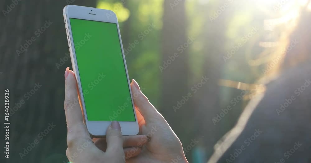 woman's hand holding phone smartphone gadget mobile, blank screen green chromakey. Traveler hold using mobile background unfocused trees nature horizon. lifestyle sunny upright side view closeup