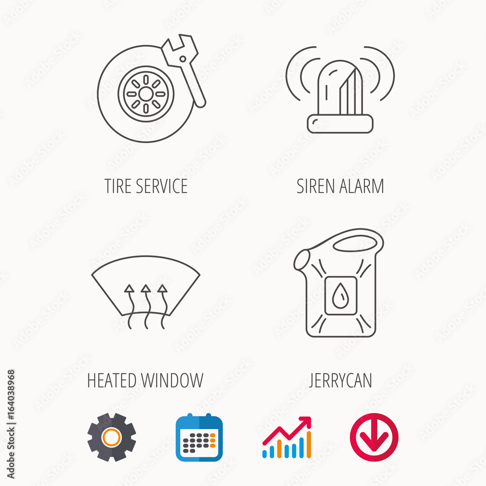 Siren alarm, tire service and jerrycan icons. Heated window linear sign. Calendar, Graph chart and Cogwheel signs. Download colored web icon. Vector