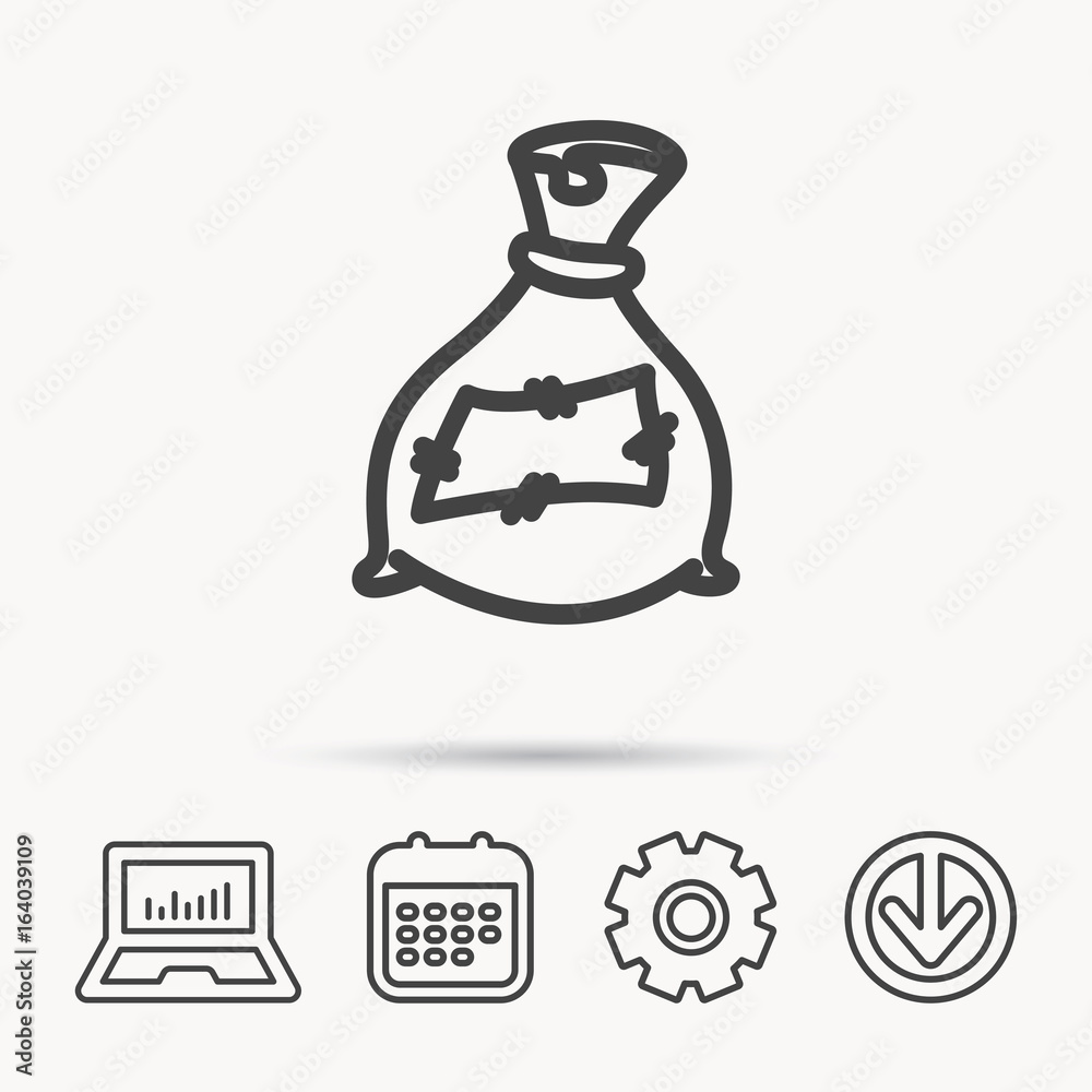 Bag with fertilizer icon. Fertilization sack sign. Farming or agriculture symbol. Notebook, Calendar and Cogwheel signs. Download arrow web icon. Vector