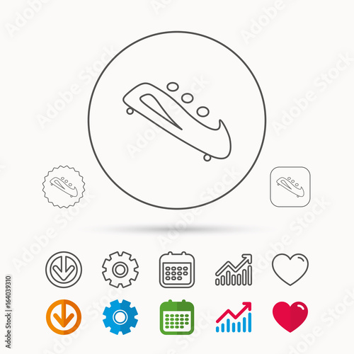 Bobsleigh icon. Three-seater bobsled sign. Professional winter sport symbol. Calendar, Graph chart and Cogwheel signs. Download and Heart love linear web icons. Vector