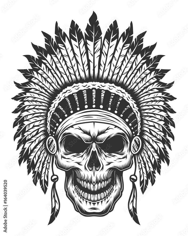 Fototapeta premium Skull of american indian. Wild West theme. Monochrome style. Isolated on white