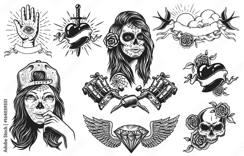 Set of vintage black and white tattoo compositions isolated on white ...