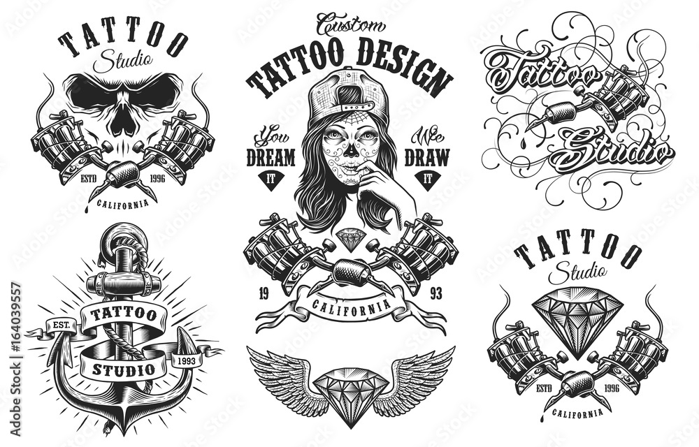 Fototapeta premium Set of vintage black and white tattoo emblems, badges, labels and logos. isolated on white background. layered