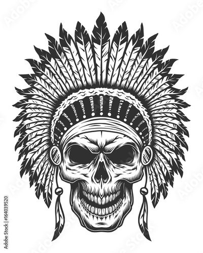 Skull of american indian. Wild West theme. Monochrome style. Isolated on white