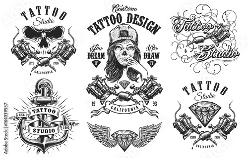 Set of vintage black and white tattoo emblems, badges, labels and logos. isolated on white background. layered